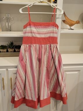 Striped Pink Midi Sundress with Coral Trim